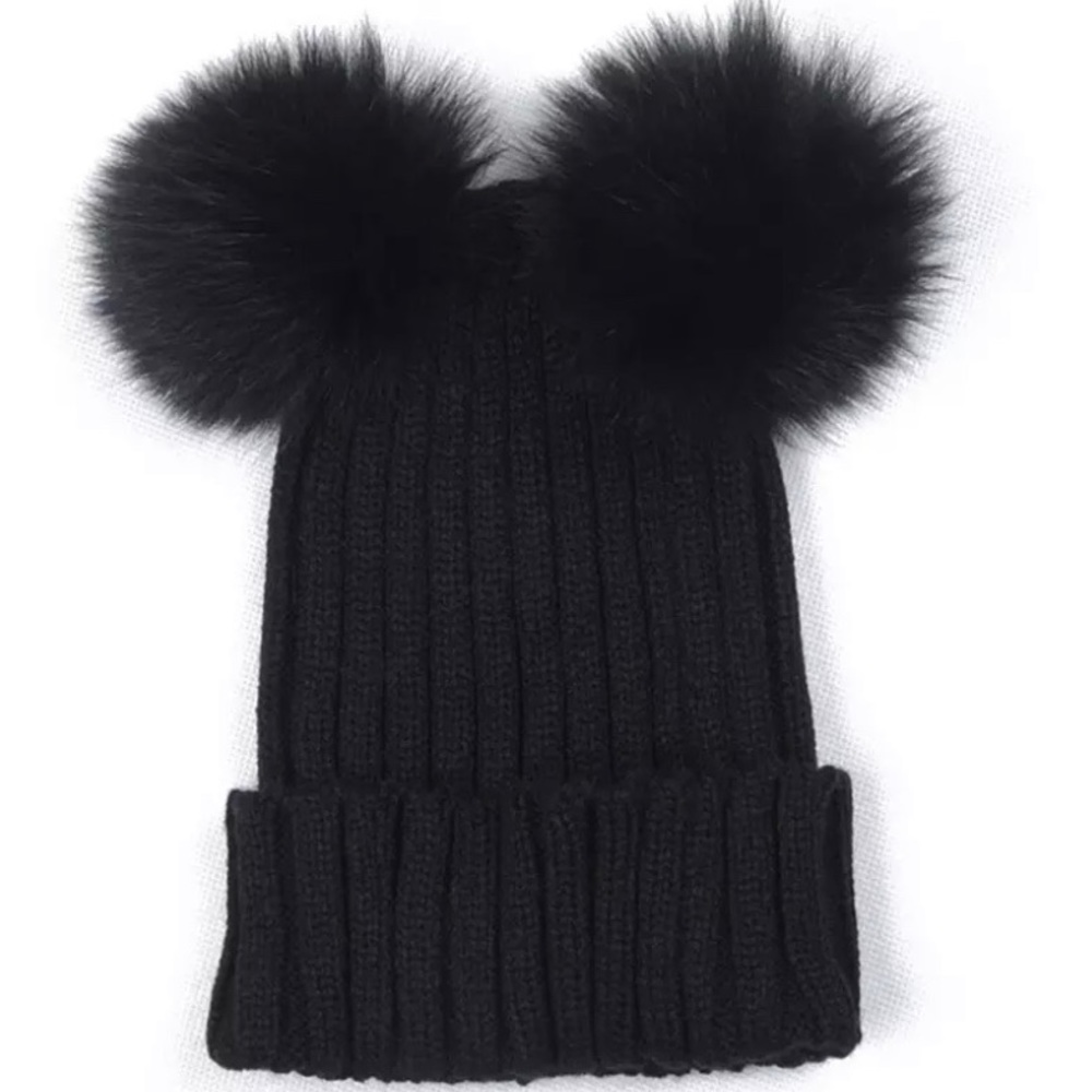 Fur Ball  Cap 2 Pom Poms Winter Hat for Women - Picture 2 of 2